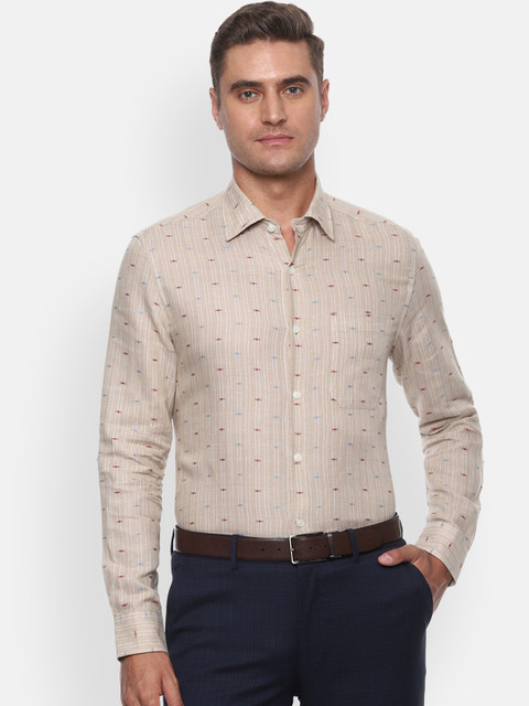 

Louis Philippe Men Beige & White Pure Linen Classic Regular Fit Striped Smart Casual Shirt