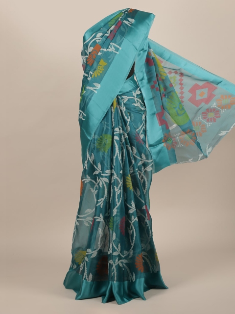 

Pothys Teal Green & White Jute Silk Printed Saree