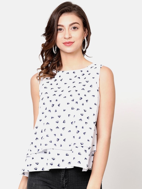 

V2 Value & Variety White & Navy Blue Printed Crepe Tiered Crop Top