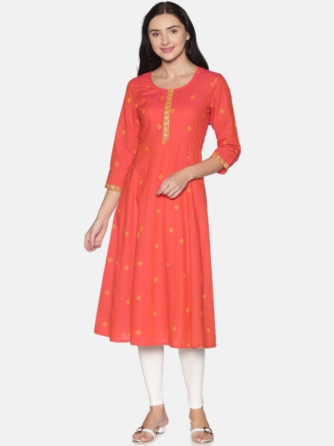 

Saffron Threads Women Orange Ethnic Motifs Dobby Cotton Anarkali Kurta