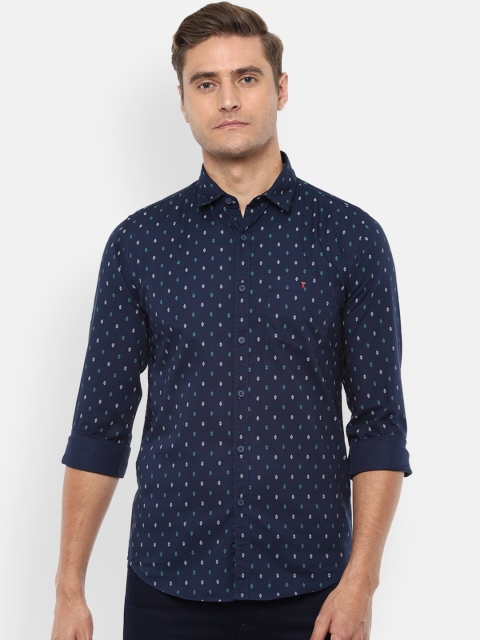 

Louis Philippe Jeans Men Navy Blue & Green Super Slim Fit Geometric Print Cotton Shirt