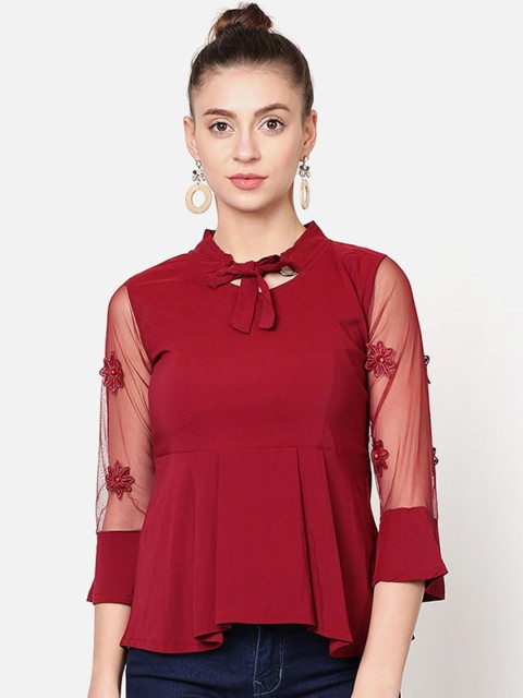 

V2 Value & Variety Maroon Tie-Up Neck A-Line Top