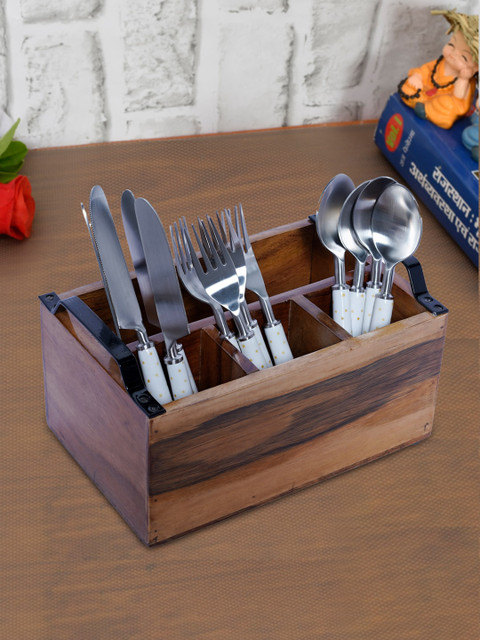 

nestroots Brown & Silver-Toned Stainless Steel Cutlery Set With Wooden Stand