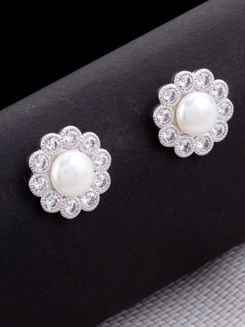Studio Voylla Rhodium-Plated White CZ Studded Floral Studs
