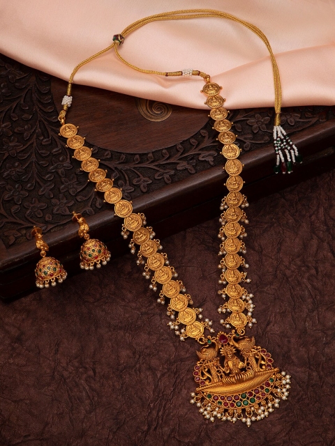 

ASMITTA JEWELLERY Magenta Pink & Green Gold-Plated Antique Kundan Temple Jewellery Set