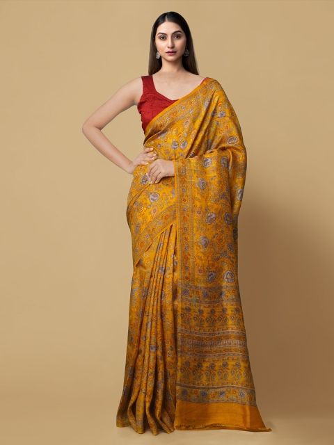 

Unnati Silks Mustard Yellow & Grey Pure Silk Printed Tussar Handloom Saree