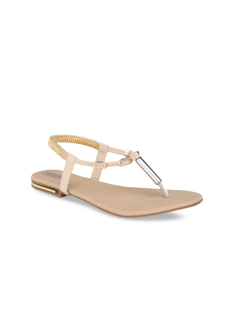 LONDON STEPS Women Cream-Coloured & Gold-Toned Solid T-Strap Flats