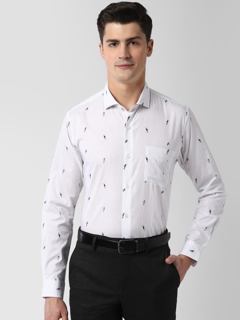 

Peter England Men White & Grey Slim Fit Striped & Toucan Embroidered Cotton Shirt