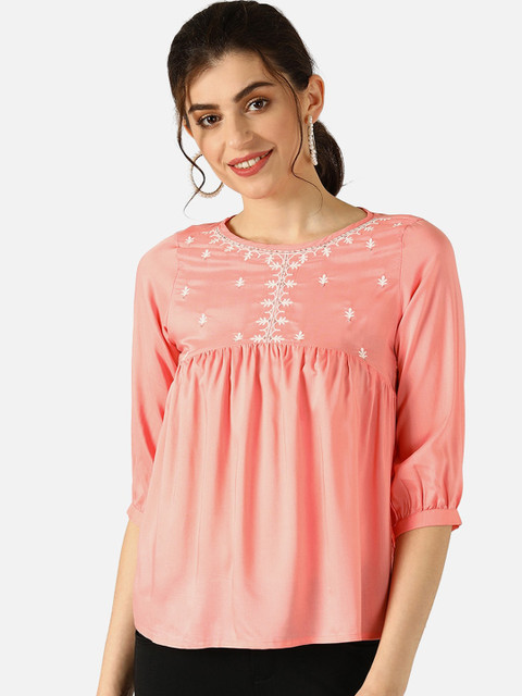 

V2 Value & Variety Coral Embroidered Bishop Sleeves A-Line Top