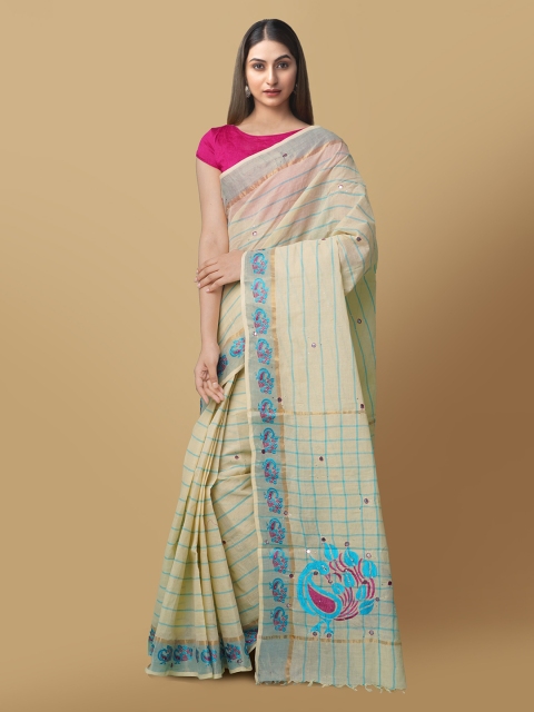 

Unnati Silks Beige Pure Cotton Striped Mangalagiri Saree