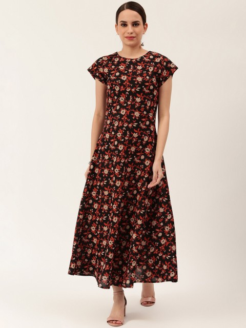 

Rustorange Women Black & Red Floral Printed Maxi Dress