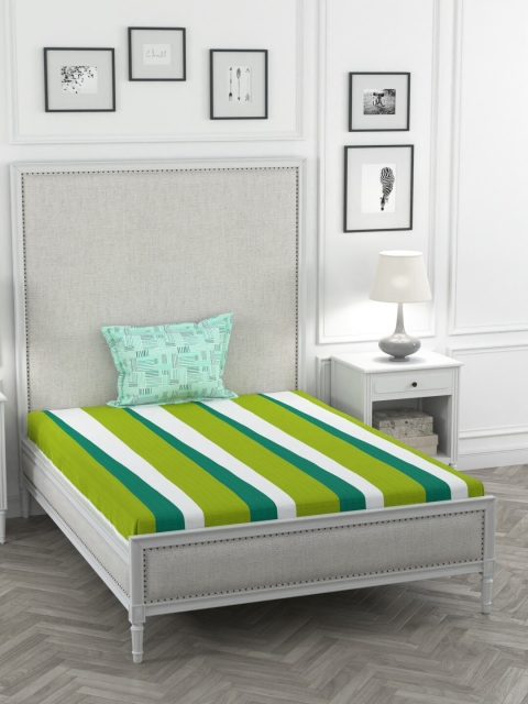 

Portico New York Green & White Striped 144 TC Cotton 1 Single Bedsheet with 1 Pillow Covers