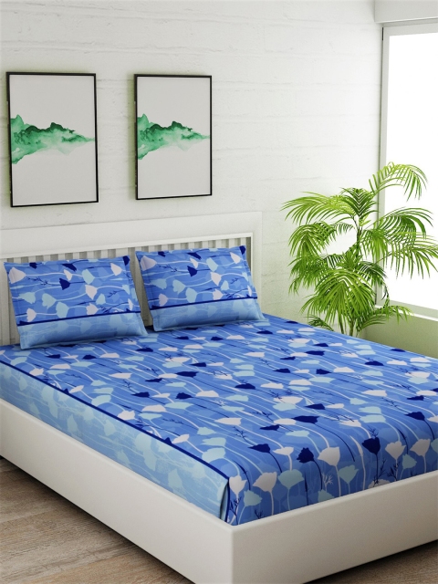 

Salona Bichona Blue Floral 144 TC Cotton 1 Queen Bedsheet with 2 Pillow Covers