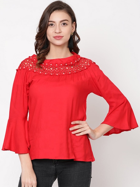 

V2 Value & Variety Red Bell Pearls Embellished Sleeves Regular Top