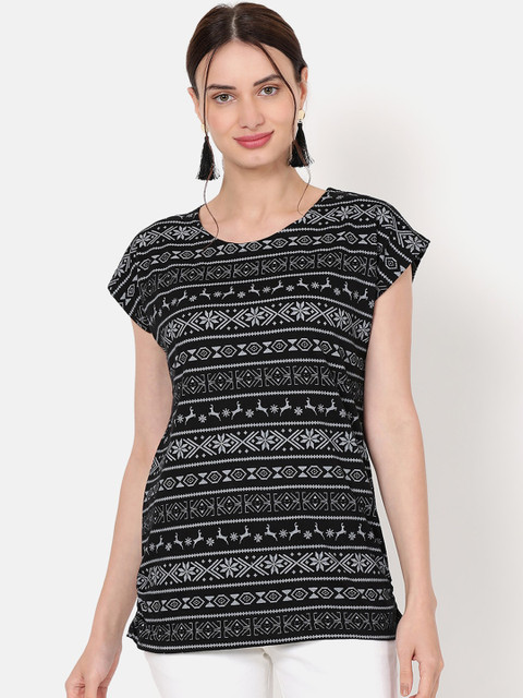 

V2 Value & Variety Black & White Geometric Chambray Regular Top