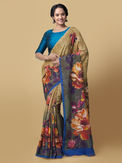 

Unnati Silks Brown Silk Blend Printed Block Print Saree