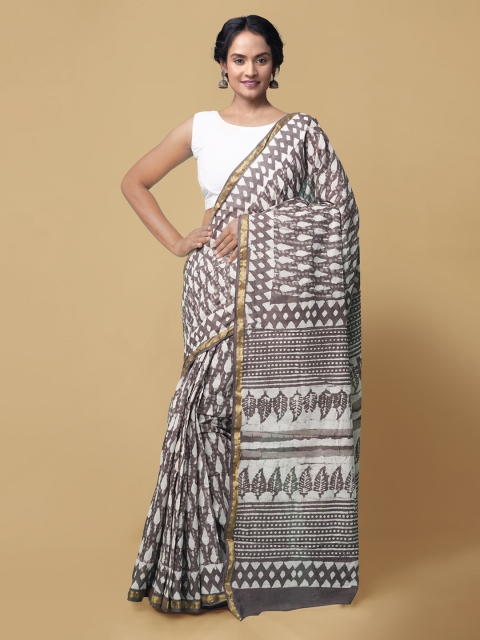

Unnati Silks Taupe & White Pure Cotton Printed Dabu Handloom Handloom Saree