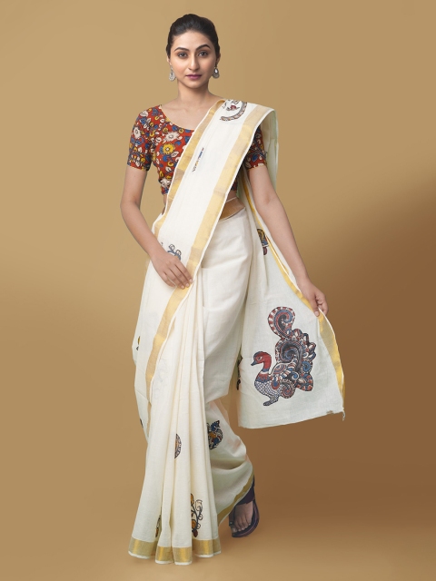 

Unnati Silks White & Yellow Pure Cotton Printed Kasavu Handloom Saree