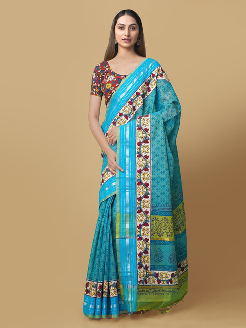 

Unnati Silks Blue Pure Cotton Printed Mangalagiri Saree