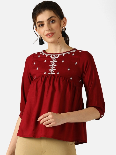 

V2 Value & Variety Red Embroidered Bishop Sleeves A-Line Top