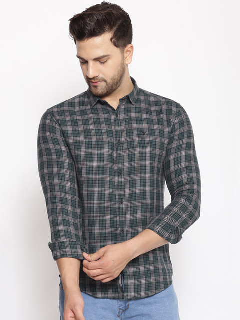 

SHOWOFF Men Green & White Cotton Classic Slim Fit Checked Casual Shirt