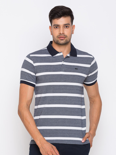

Globus Men Navy Blue Striped Polo Collar T-shirt