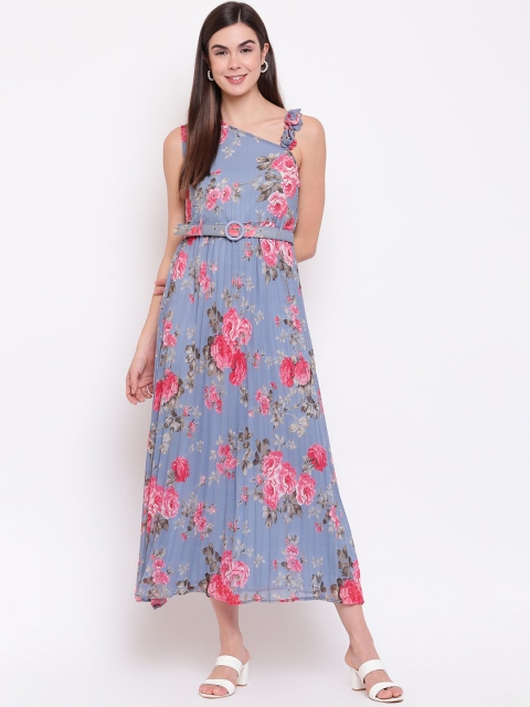 

Ashnaina Women Blue & Pink Printed Midi A-line Dress with Belt