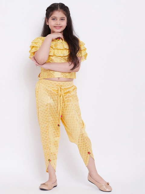 

Stylo Bug Girls Yellow & Gold-Toned Embellished Top with Dhoti Pants