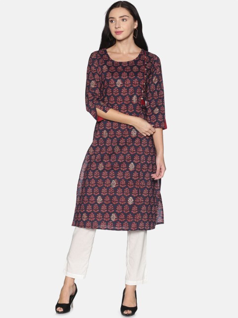 

Saffron Threads Women Navy Blue & Red Ethnic Motifs Cotton Printed Kurta