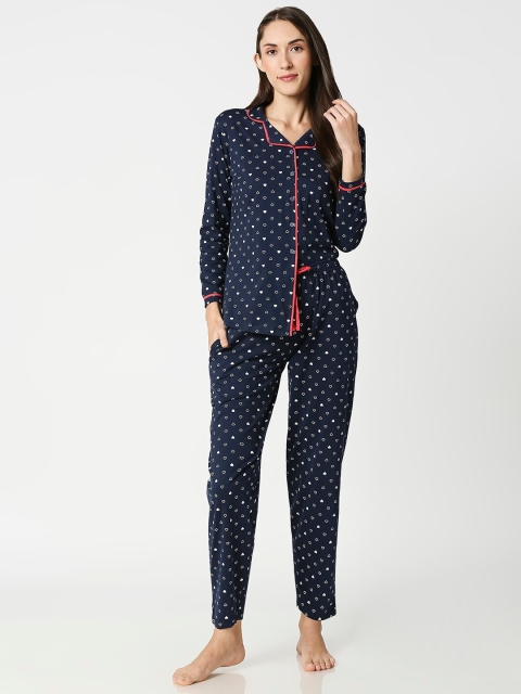 

AV2 Women Navy Blue & Red Printed Night suit