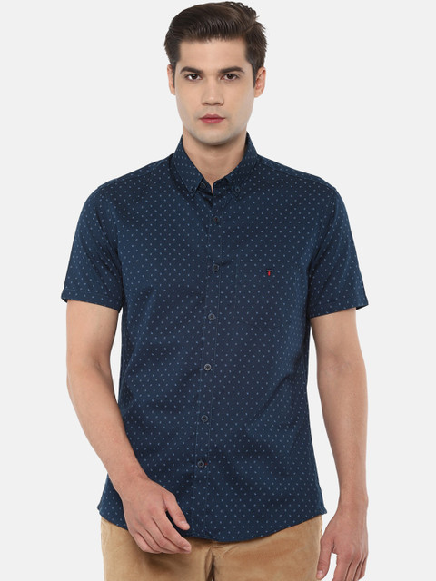 

Louis Philippe Sport Men Navy Blue & Brown Slim Fit Printed Pure Cotton Casual Shirt