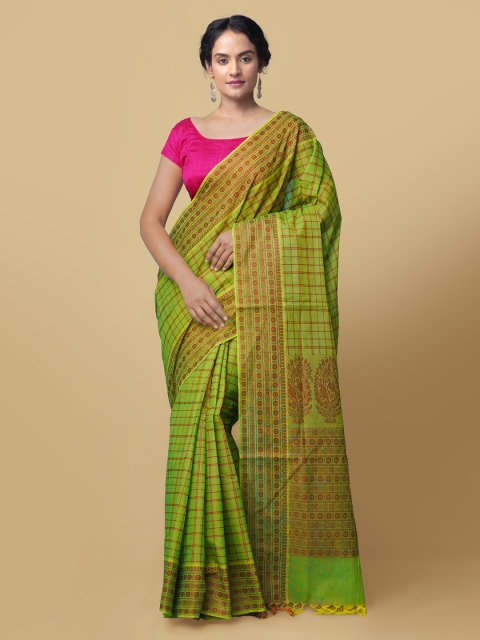 

Unnati Silks Green Pure Cotton Checked Mysore Silk Saree