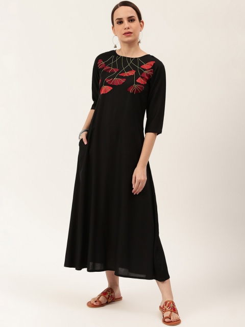 

Rustorange Women Black Embroidered A-Line Dress