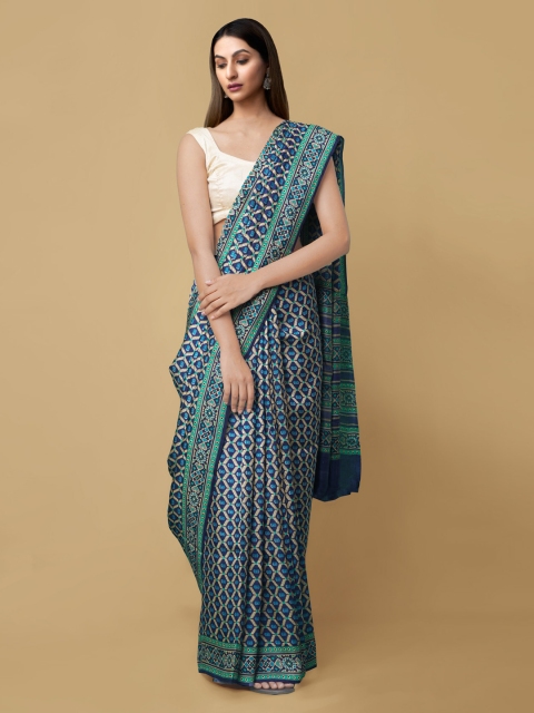 

Unnati Silks Navy Blue & Beige Pure Silk Printed Tussar Saree