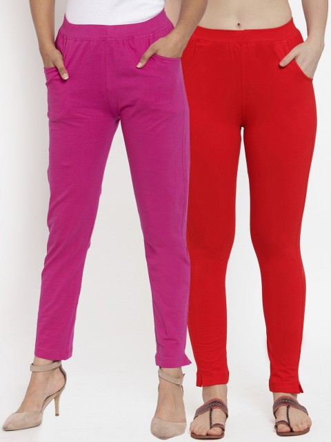 

TAG 7 Women Pack Of 2 Solid Straight-Fit Ankle-Length Leggings, Magenta