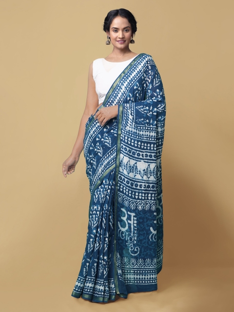 

Unnati Silks Blue & White Pure Cotton Printed Dabu Handloom Saree