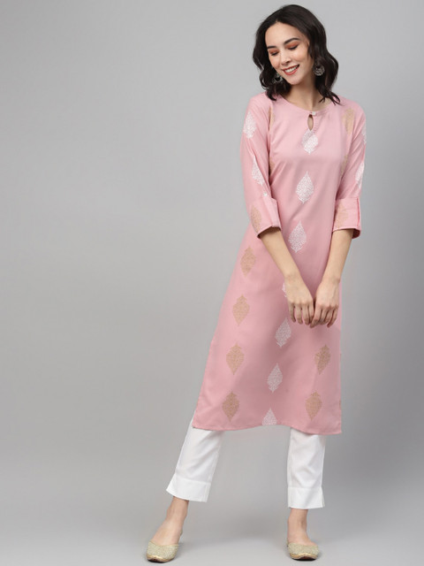 

ZIYAA Women Pink & White Geometric Printed Keyhole Neck Kurta