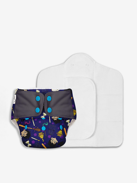 

SuperBottoms Freesize UNO Mischief Managed Printed Cloth Diaper with Dry Feel & Booster Pad, Blue