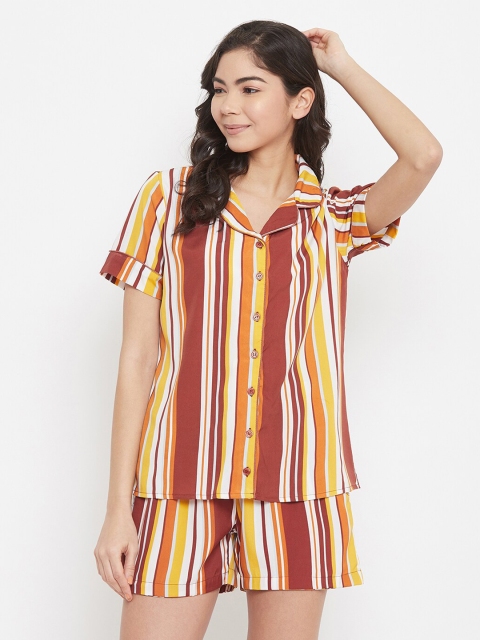

Clovia Women White & Maroon Striped Night Suit