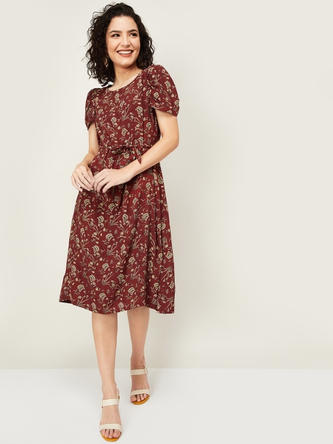

CODE by Lifestyle Women Rust Brown & Beige Floral Printed Fit and Flare Dress
