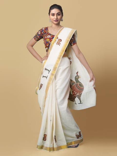 Unnati Silks White & Green Pure Cotton Woven Design Kasavu Handloom Saree