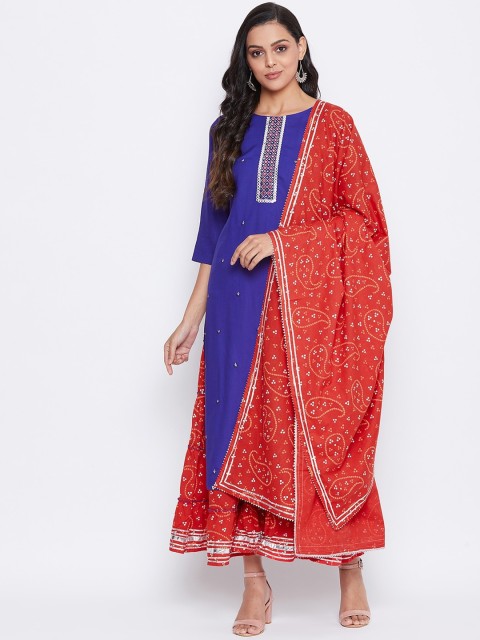 

Prakhya Women Blue & Red Printed Kurta with Palazzos & Dupatta