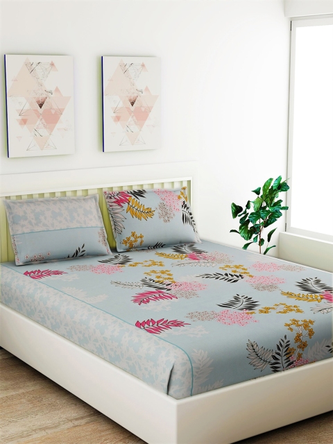 

Salona Bichona Blue & Pink Floral 104 TC Cotton 1 Queen Bedsheet with 2 Pillow Covers