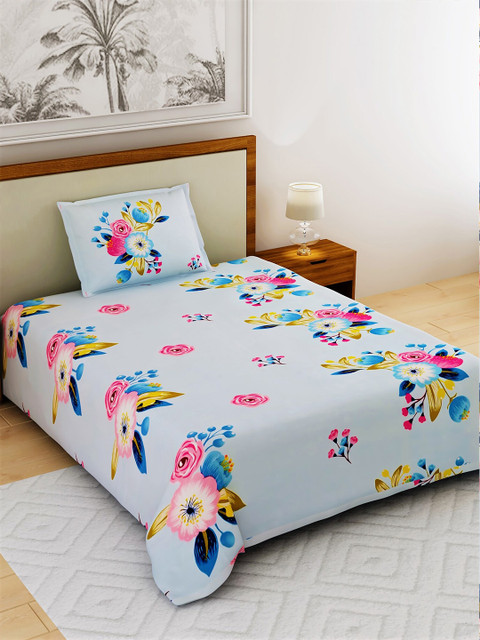 

Salona Bichona Unisex Blue Floral Printed 1 King Bedsheet With 2 Pillow Cover