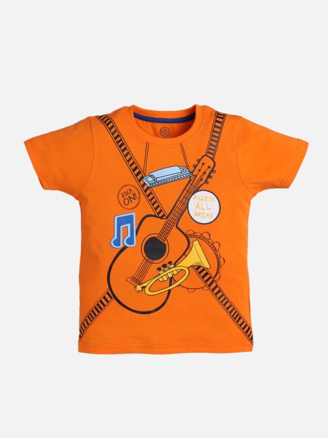 

TAMBOURINE Boys Orange Black Printed Round Neck Cotton Pure Cotton T-shirt