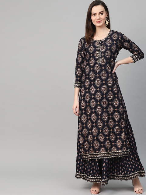 

Ishin DESIGNER STUDIO Women Navy Blue Printed Kurta with Sharara