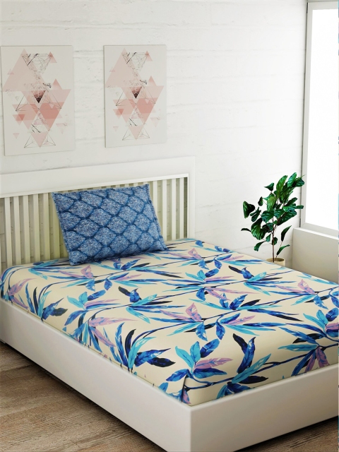 

Salona Bichona Cream-Coloured & Blue Floral 144 TC Cotton 1 Single Bedsheet with 1 Pillow Covers