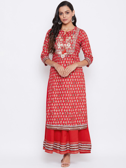 

Prakhya Women Red & Off-White Printed Kurta with Skirt