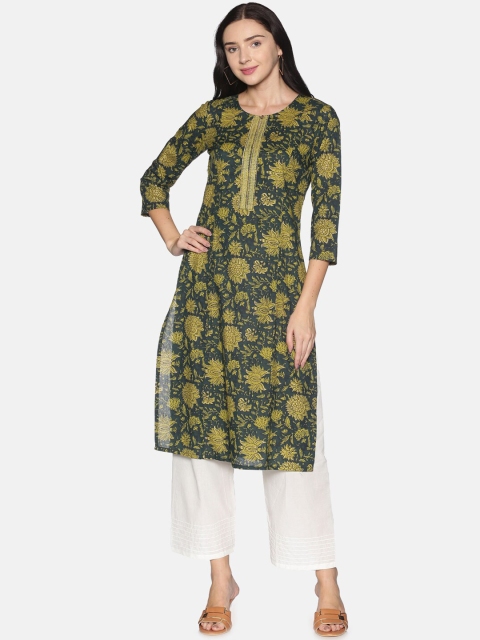 

Saffron Threads Women Green & Olive Green Floral Printed Cotton Kurta
