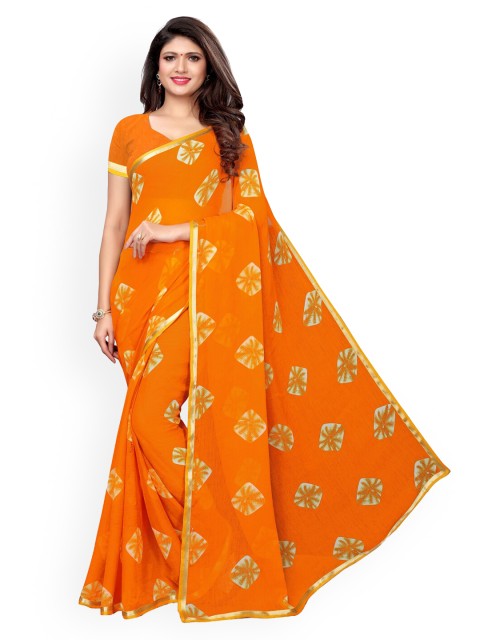 

KALINI Orange Printed Pure Chiffon Saree